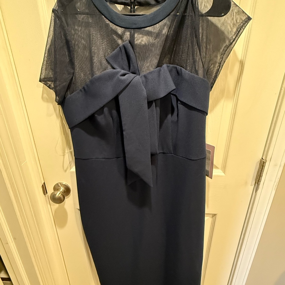 JS Collections Navy Blue Midi Dress with Sheer Yoke and Front Bow